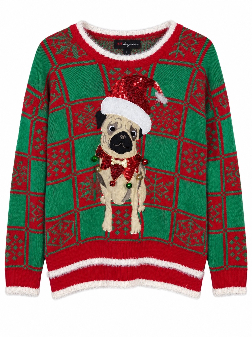 33 Degrees Christmas Pug Ugly Christmas Sweater Sequin Applique Size Large